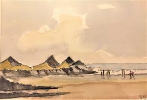 painting of beach with 3 hills in background and surfers approaching the sea