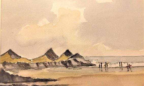 painting of beach with 3 hills in background and surfers approaching the sea