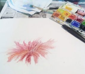 dragging wet watercolour to make scratched effect petals shapes