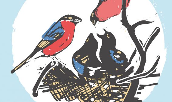 graphic image of birds feeding young in nest