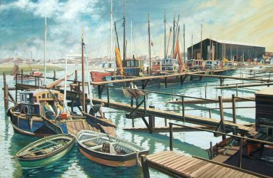 Fishermen unloading catch on wooden jetty