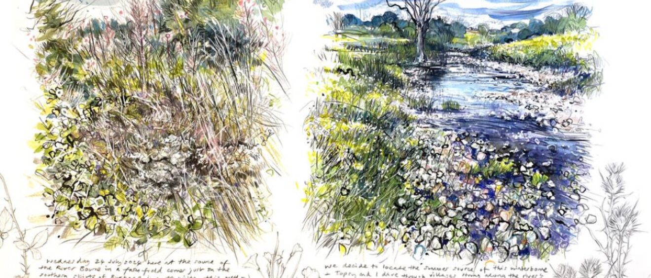 Pen and watercolour sketch of river valleys and writing by Nick Andrew