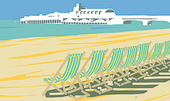 graphic image of white pier in background and green stripey deckchairs in foreground