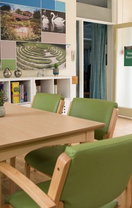 view of dayroom showing montage artwork, new storage unit and table and chairs