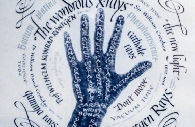 Calligraphy artwork with hand and names of bones