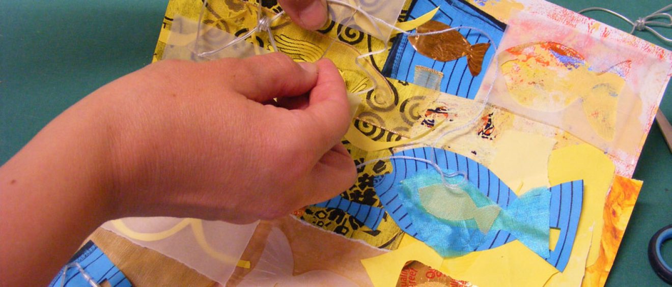 Tricky items like wire shapes can be sewn onto the background