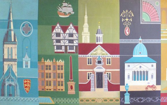 Seven coloured panels showing architectural features of seven distinct building periods