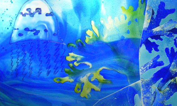 turquoise, blue and green seaweed and jelly fish shapes underwater design on glass