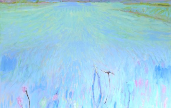 semi abstract landscape in blue tones, field dominates foreground with hills in the distance