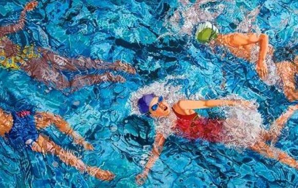 oil painting showing swimmers in brightly coloured hats and costumes with lots of movement in the water of the pool