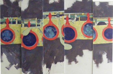 Painting of close up section of keys of flute, in sections slightly offset