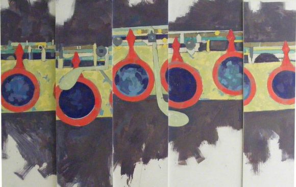 Painting of close up section of keys of flute, in sections slightly offset