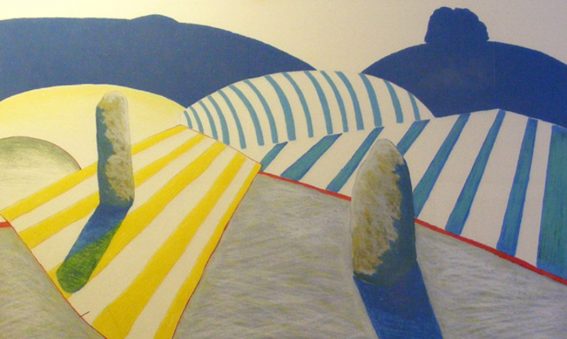 Graphic drawing of standing stones in ploughed fields landscape