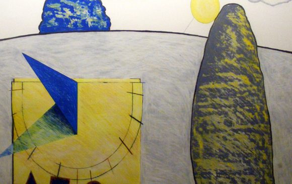 Graphic drawing of hilltop with standing stone and giant sundial