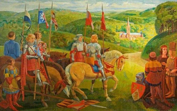 Knights on horseback with standards, church in background
