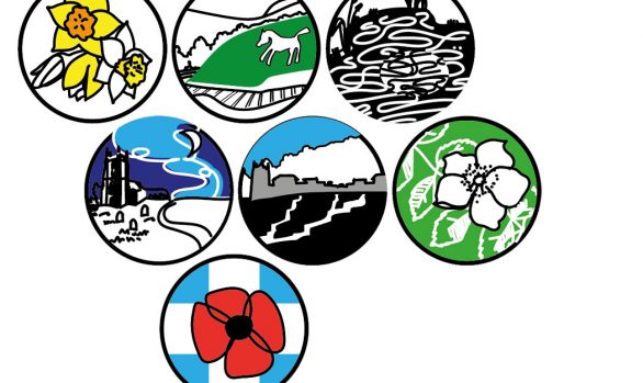 village tales icons of daffodils, white horse, rose, church, poppy and pond