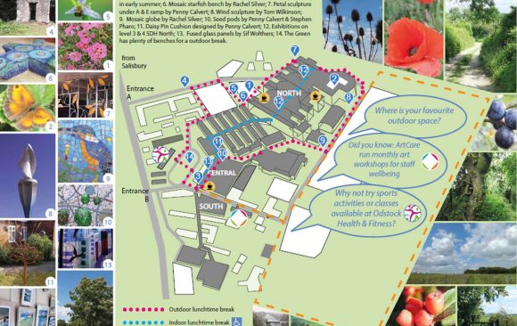 Map showing hospital buildings, routes and images of outdoor spaces