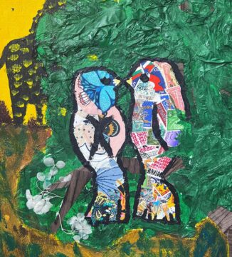 acrylic paint and collage lovebirds by well city participant