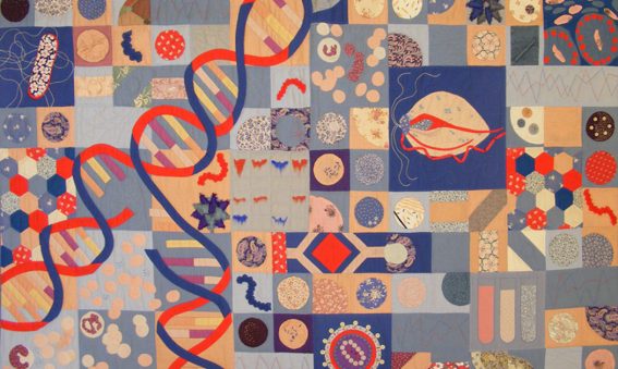 various quilted virus cells, dna helix, chromosomes in block design